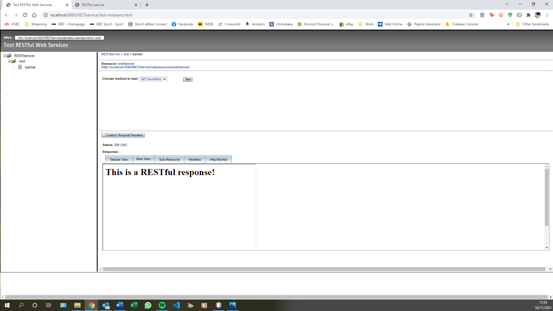 測驗成功后,Chrome 中未顯示 RESTful 回應
