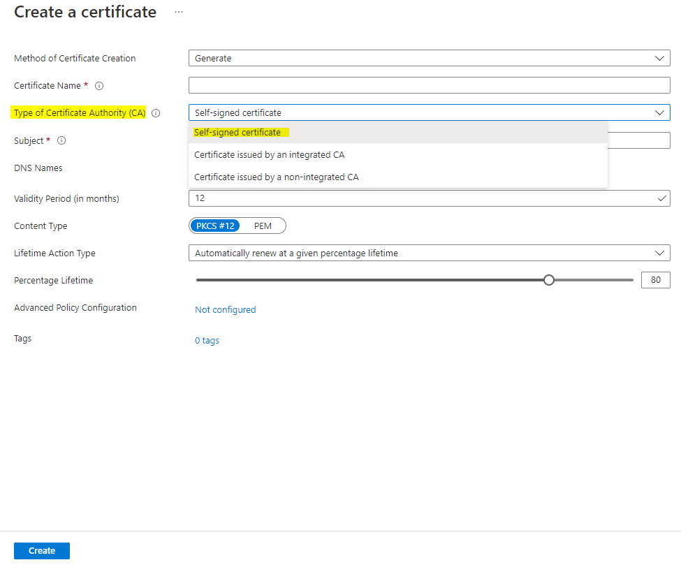 Key Vault 上的 Azure 自簽名證書