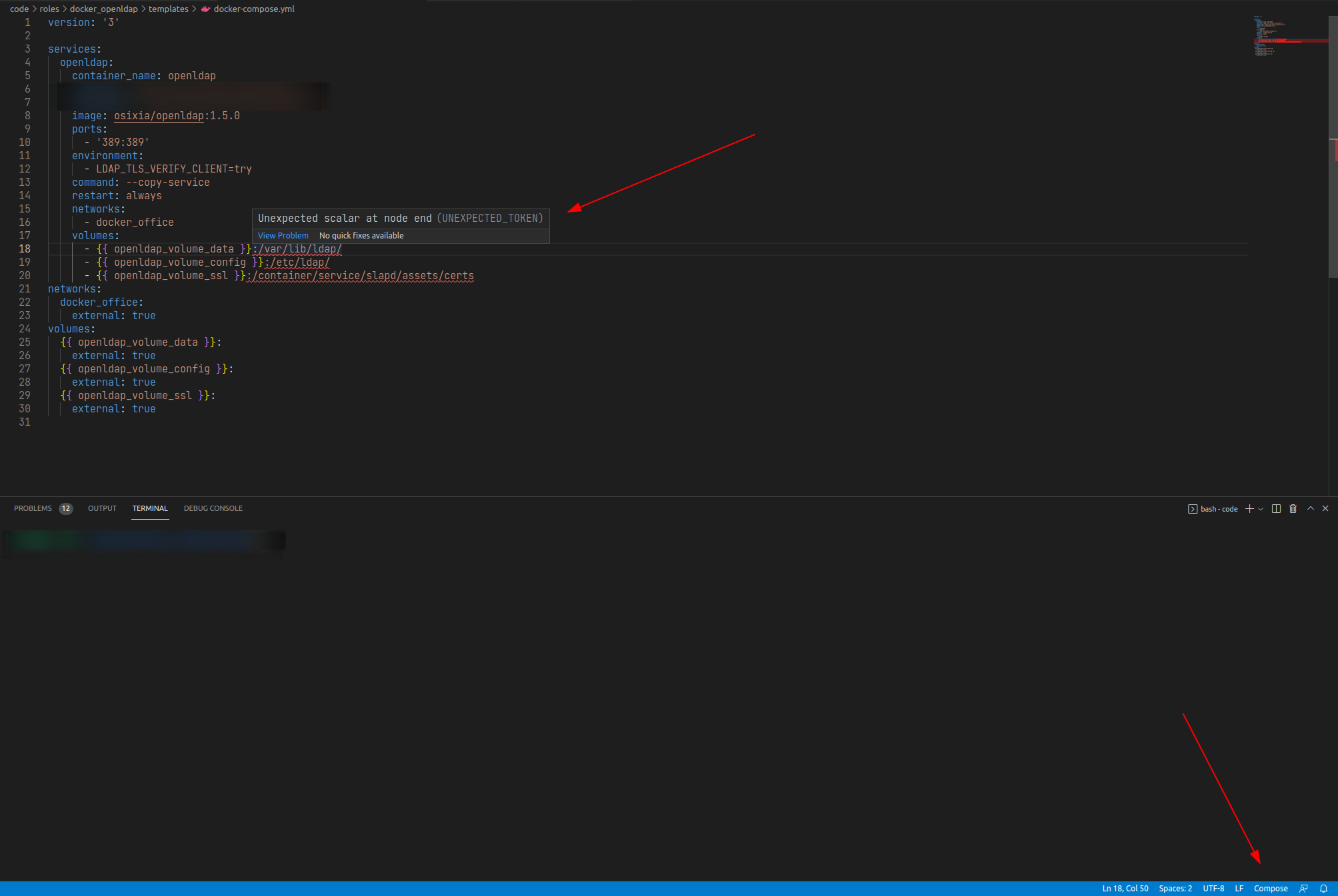語言模式“docker compose”出現未知錯誤“節點端出現意外標量（UNEXPECTED_TOKEN）”