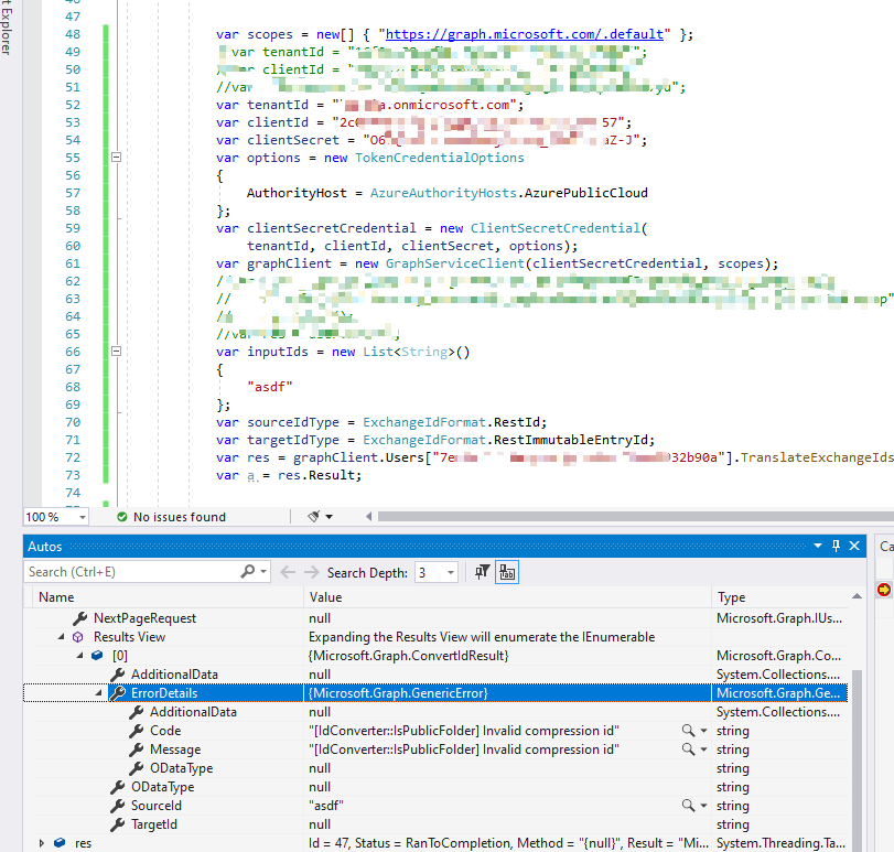 C# Graph API TranslateExchangeIds().PostAsync() HTTP 方法不允許