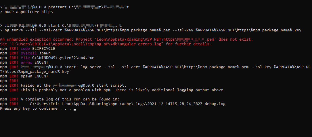 Angular 和 .Net Core 專案 VS 2022：發生未處理的例外：專案“Leon\AppData\Roaming\ASP.NET\https\<projectName>.pem”不存在