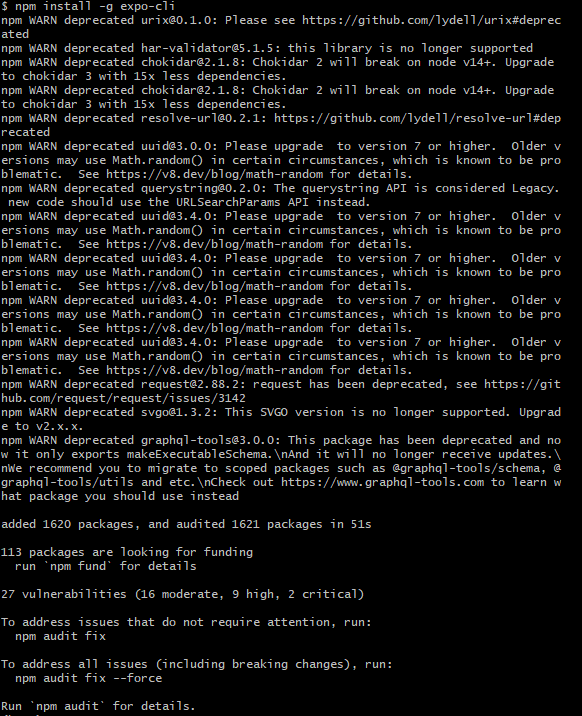 發出帶有棄用警告的 npm install -g expo-cli