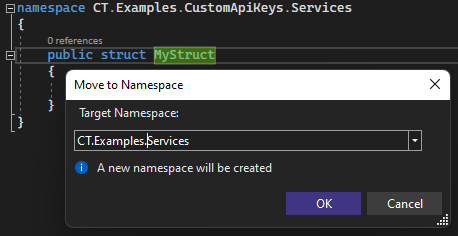 取消嵌套命名空間 c# Visual Studio