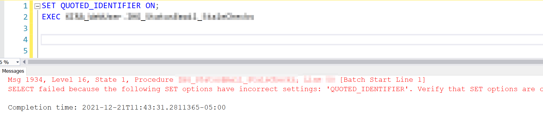 存盤程序中的 SET QUOTED_IDENTIFIER ON 不起作用