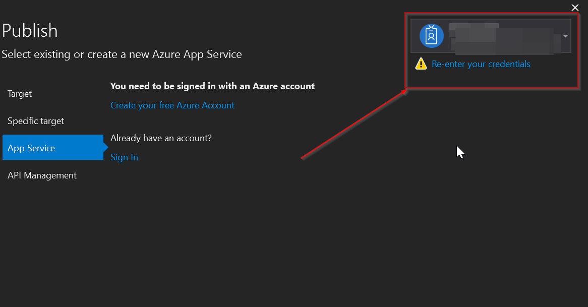 重新輸入您的憑據 - 無法連接到 Azure