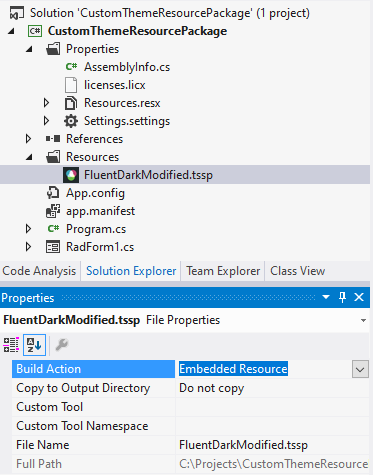 帶有自定義 Telerik 主題的 C# Winforms：嵌入式資源和 ThemeResolutionService.LoadPackageResource