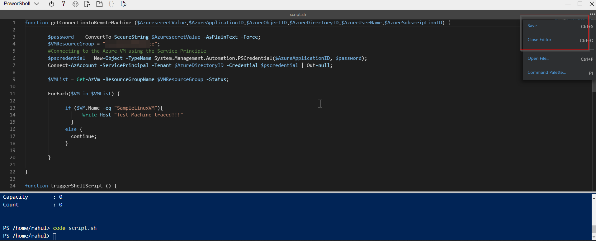 如何使用服務主體詳細資訊連接到 Azure VM [Linux 型別] 以執行腳本 (sh) 檔案