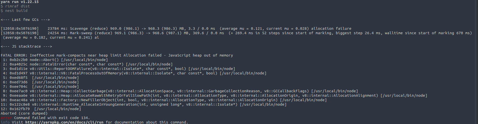 npm run build 上的 Nestjs“達到堆限制分配失敗 - JavaScript 堆記憶體不足”