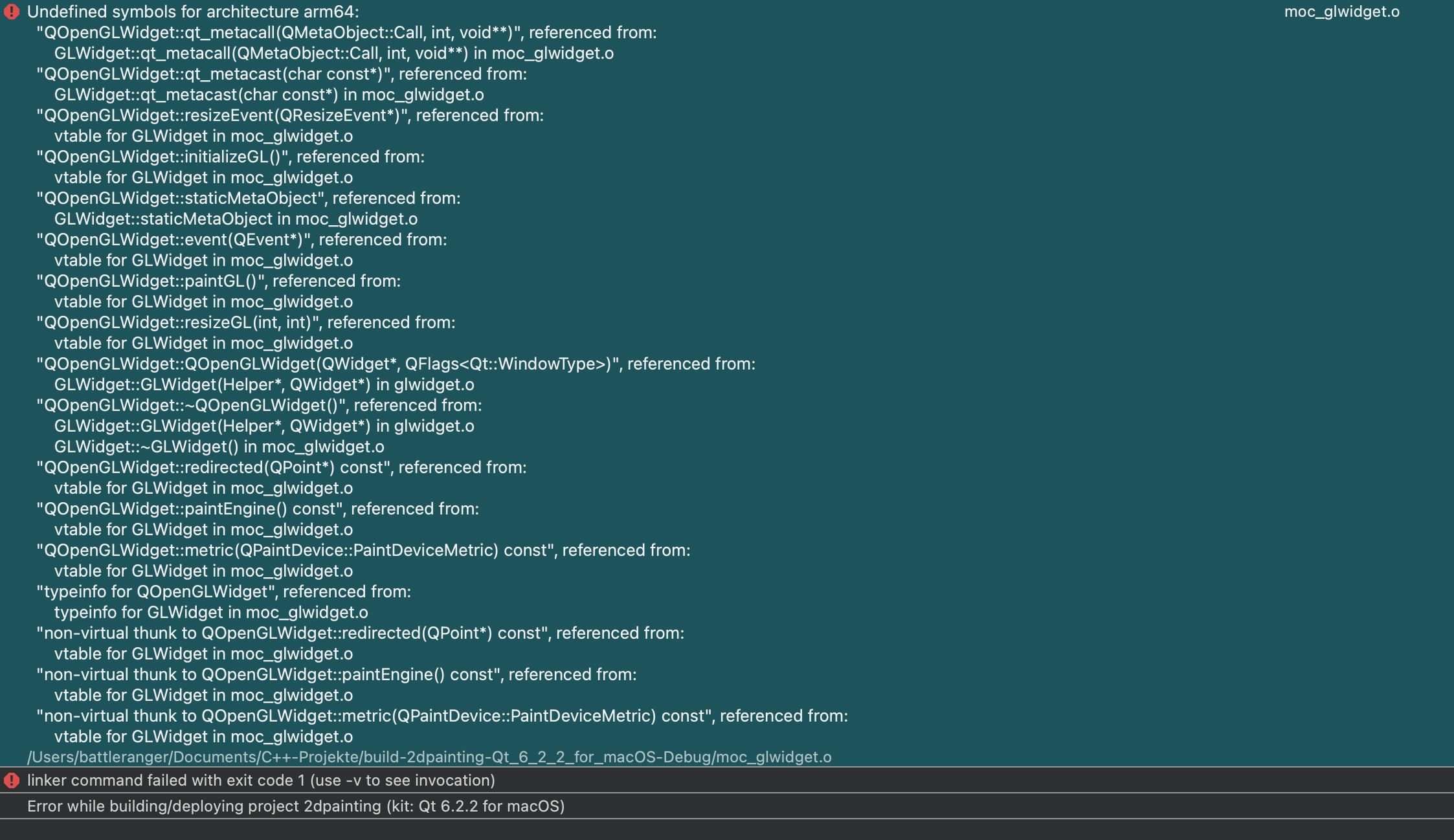 QOpenGLWidget 聯結器錯誤與 QT 示例代碼