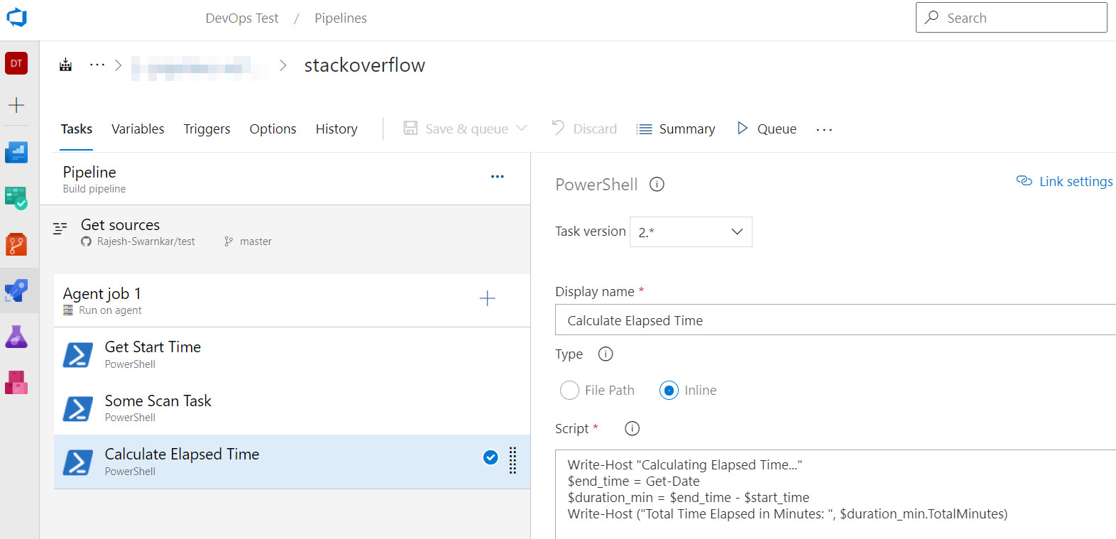 使用行內 PowerShell 任務計算 azure 管道中任務的經過時間