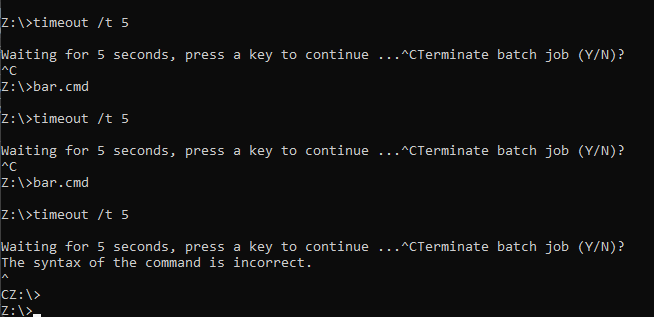 為什么在“set /p”提示時使用 Ctrl C 取消 Windows 批處理腳本會產生不一致的行為?