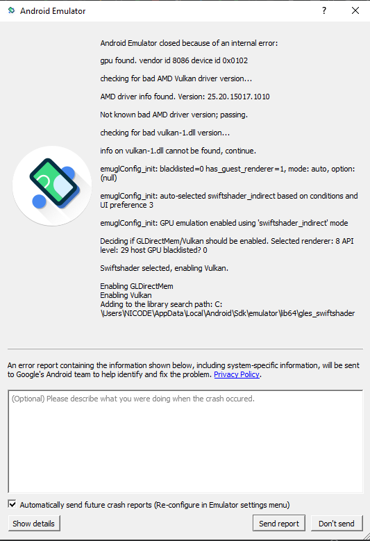android studio 無法啟動模擬器