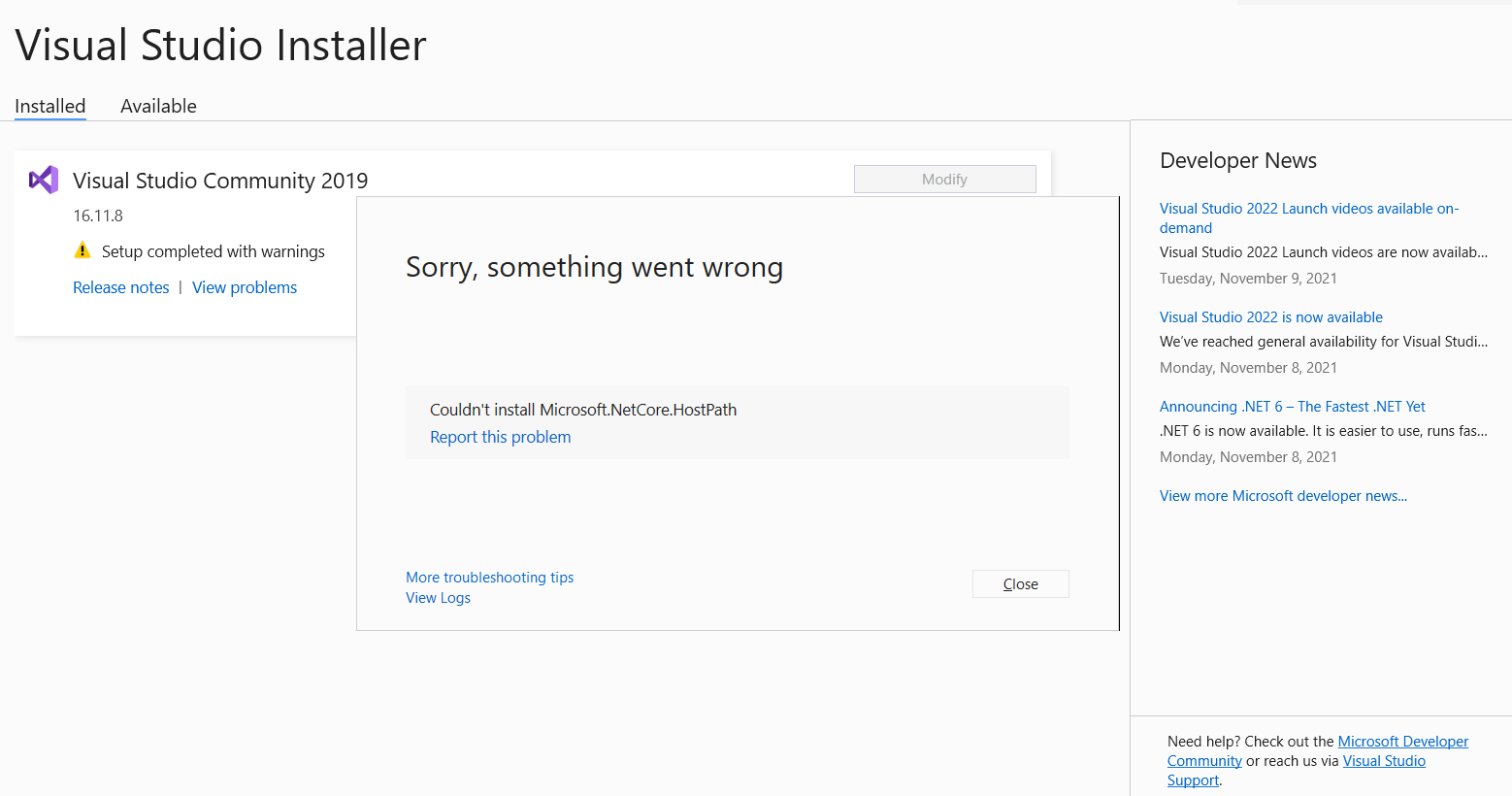 無法安裝 microsoft.netcore.hostpath 2019