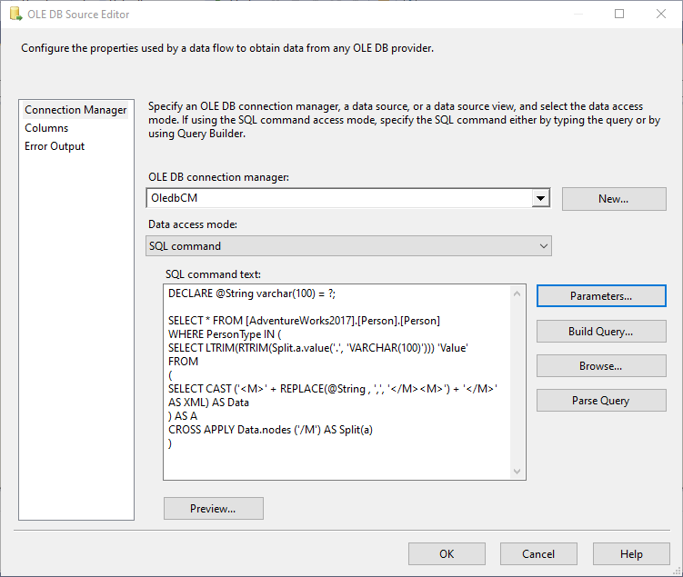 當資料庫兼容級別設定為 SQL Server 2008 時,如何在 SSIS OLE DB 源 SQL 命令中使用 STRING_SPLIT?