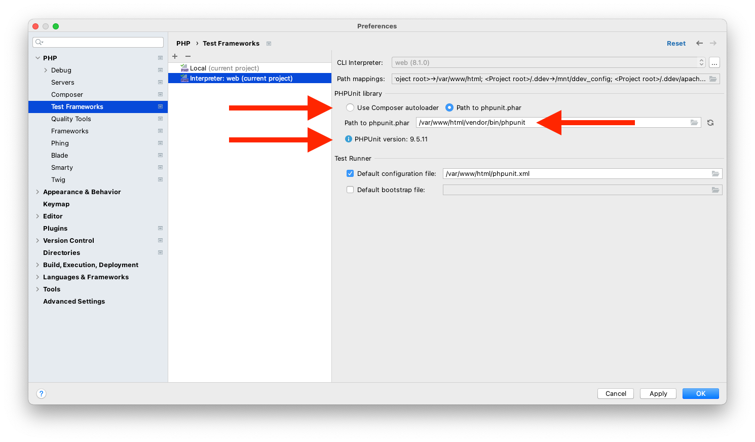 DDEV/Laravel/PHPUnit：PhpStorm 中的設定問題