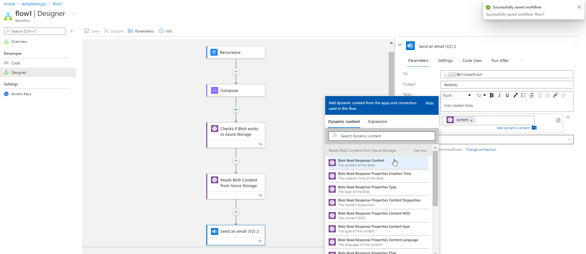 將最新的 azure blob 存盤檔案獲取到邏輯應用發送電子郵件流