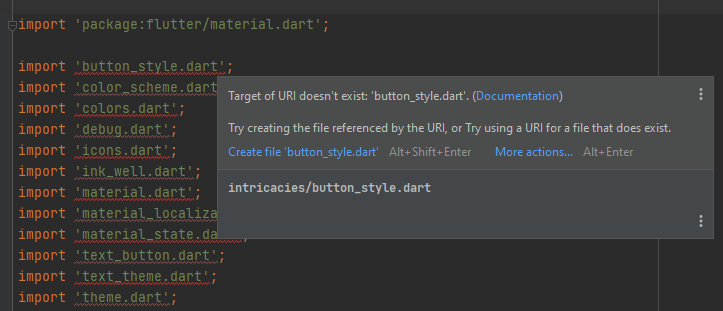 URI 的目標不存在：“theme.dart”、“colors.dart”、“ink_well.dart”等