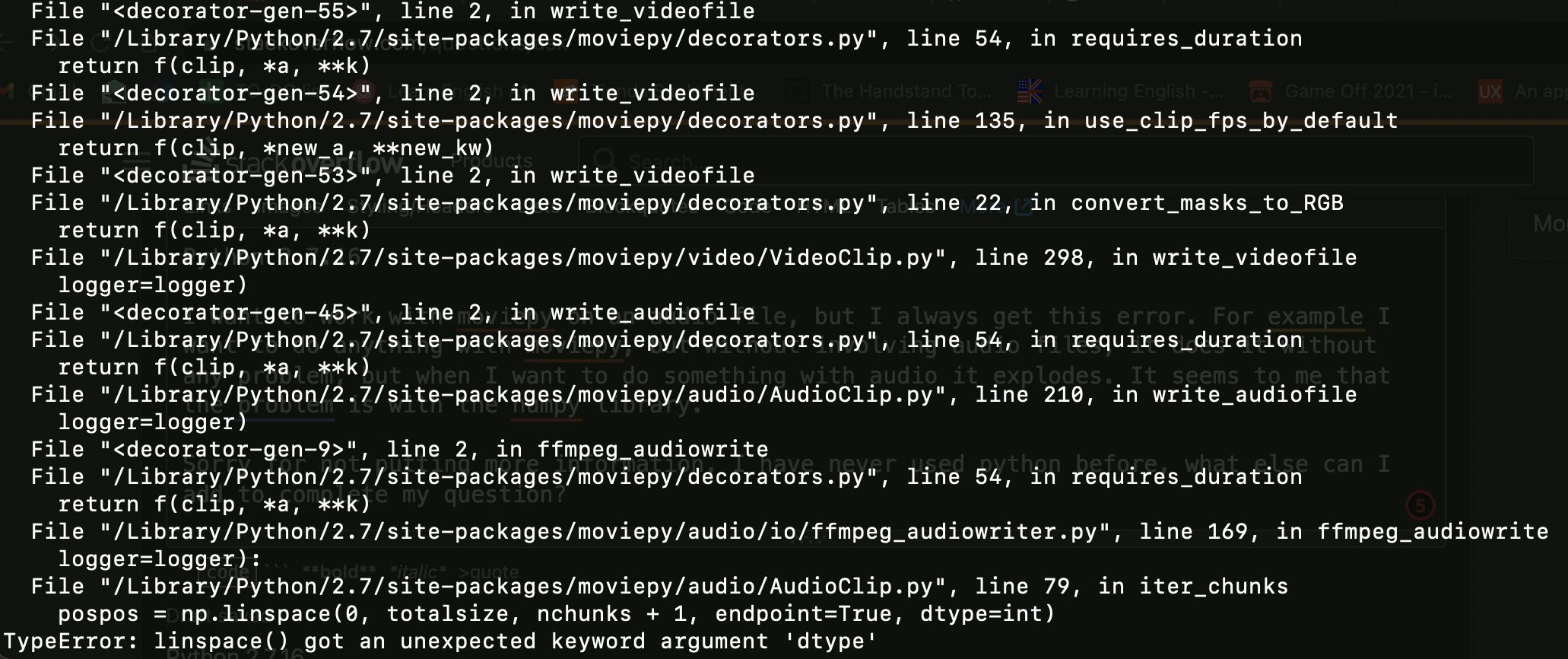 MoviePy:linspace() 得到了一個意外的關鍵字引數“dtype”