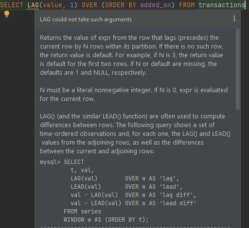 IntelliJ IDEA 中的“LAG 無法采用此類引數”警告以正確使用函式