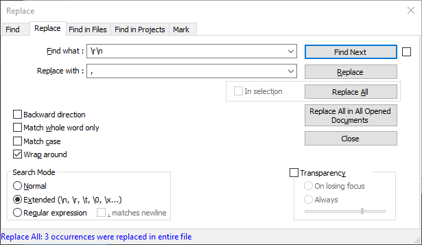 在 Notepad 中將列轉換為行 CSV