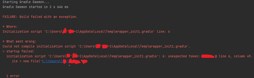 Gradle 守護行程初始化腳本在用戶名中失敗了意外令牌'