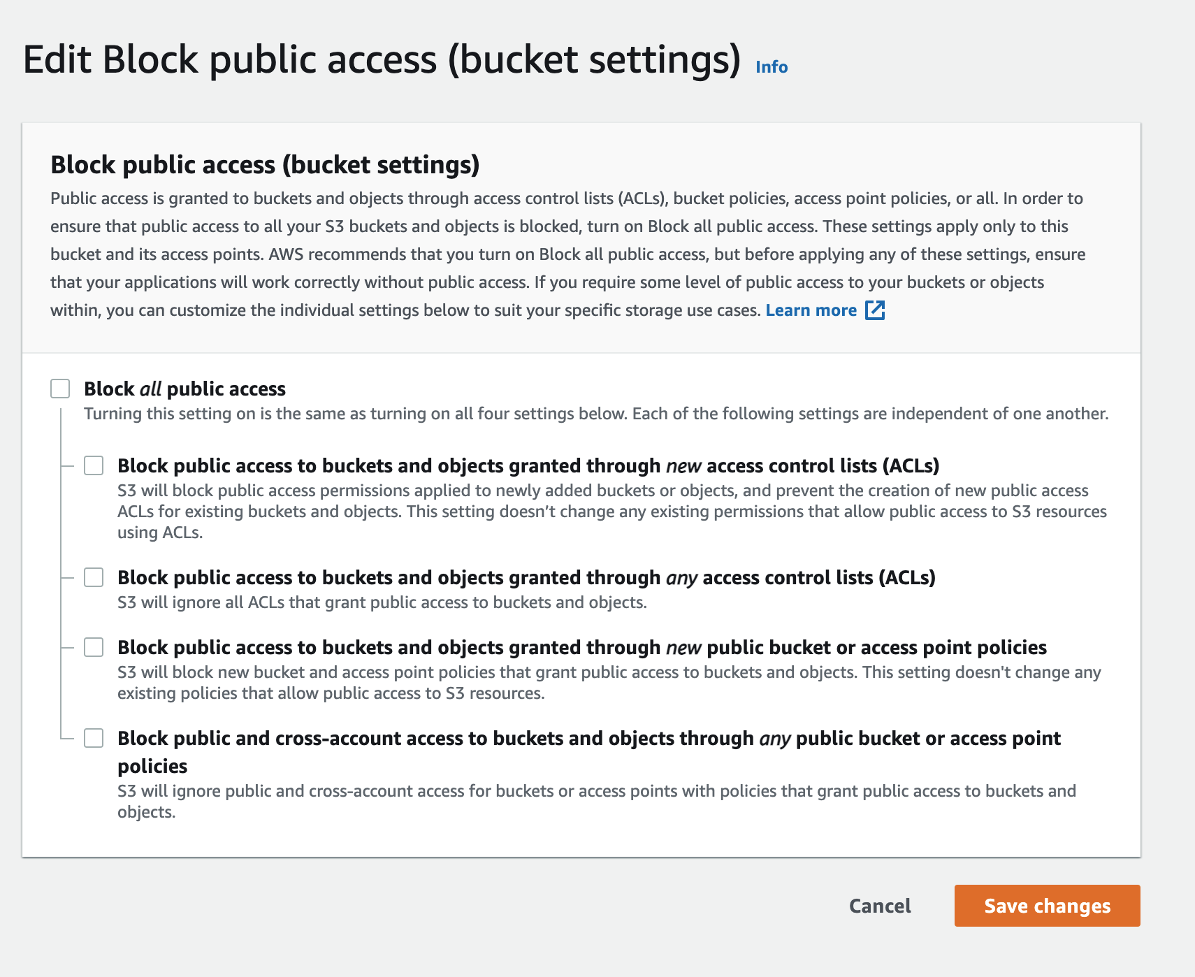 AWS S3 存盤桶：“阻止公共訪問”和未指定“允許”的空白存盤桶策略檔案有什么區別？