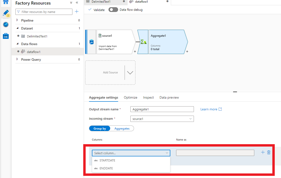 Azure 資料流聚合轉換未在 groupby 下拉串列中顯示列