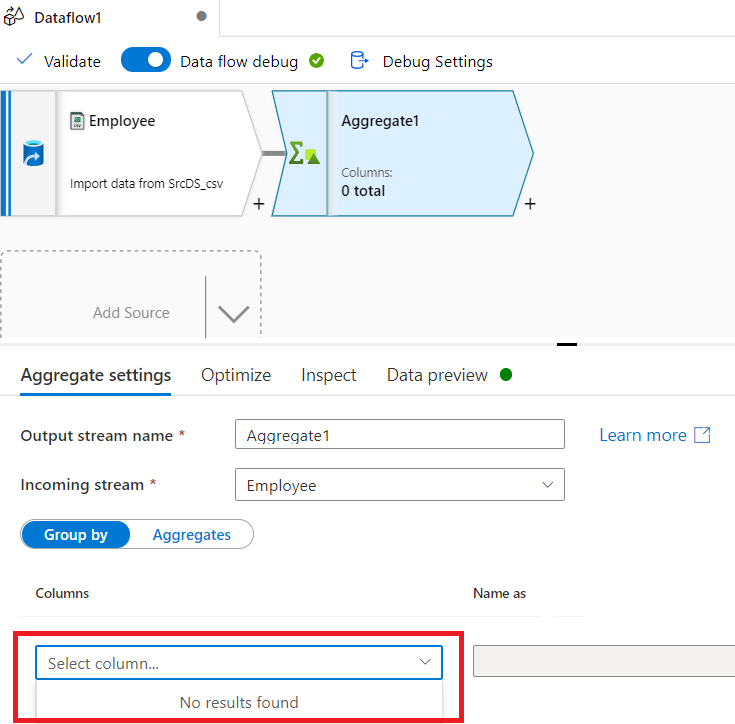 Azure 資料流聚合轉換未在 groupby 下拉串列中顯示列