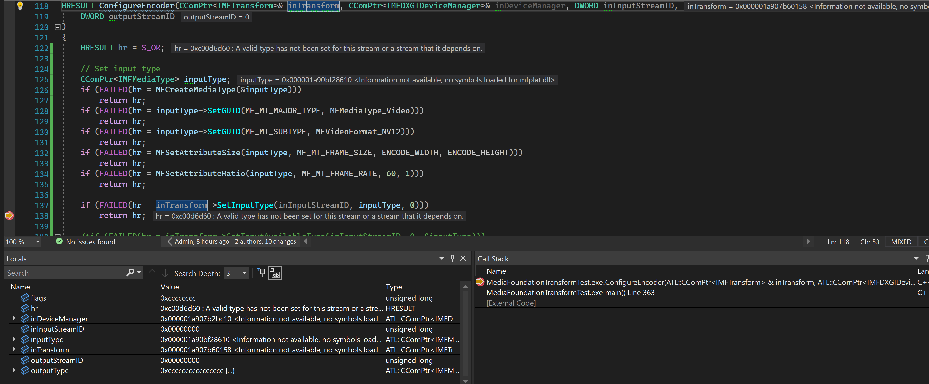 IMFTransform::SetInputType() 'MF_E_TRANSFORM_TYPE_NOT_SET '