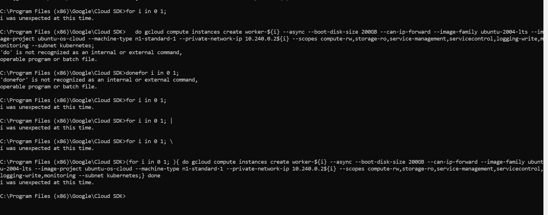 如何在 gcloud CLI 中鍵入“for”命令控制結構?