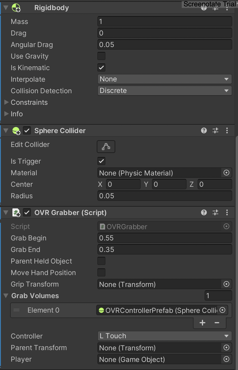 無法讓 OVRGrabber 作業以允許在 Unity 中為 Oculus Quest 開發抓取 GameObjects