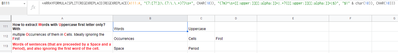 如何使用 Google Sheets REGEXEXTRACT 公式提取每個單元格的大寫第一個字母多個單詞,理想情況下忽略句子的第一個單詞?