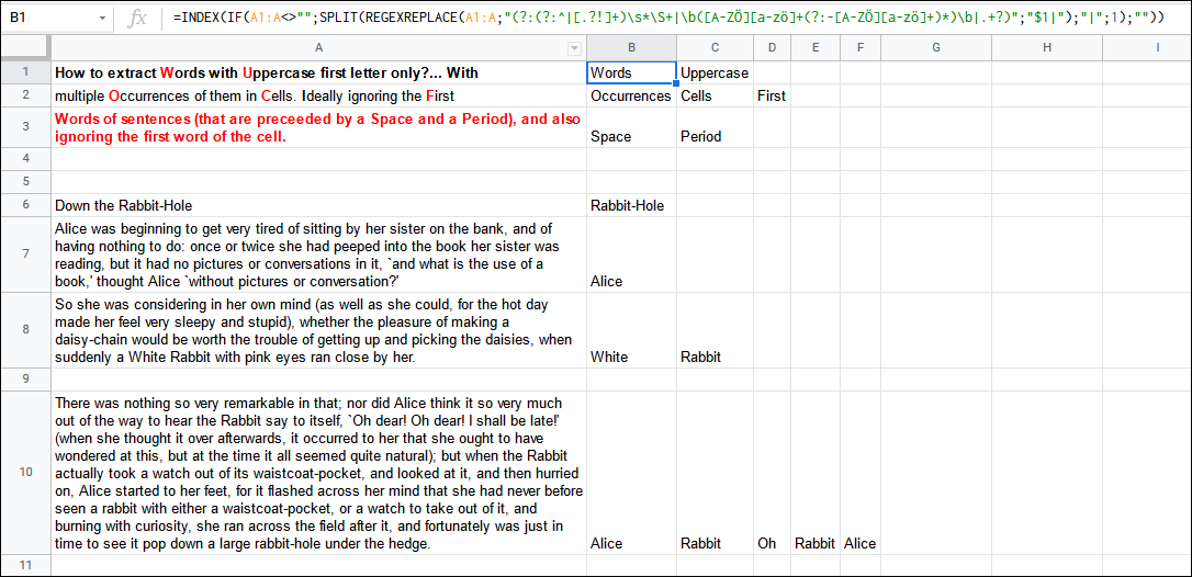 如何使用 Google Sheets REGEXEXTRACT 公式提取每個單元格的大寫第一個字母多個單詞,理想情況下忽略句子的第一個單詞?