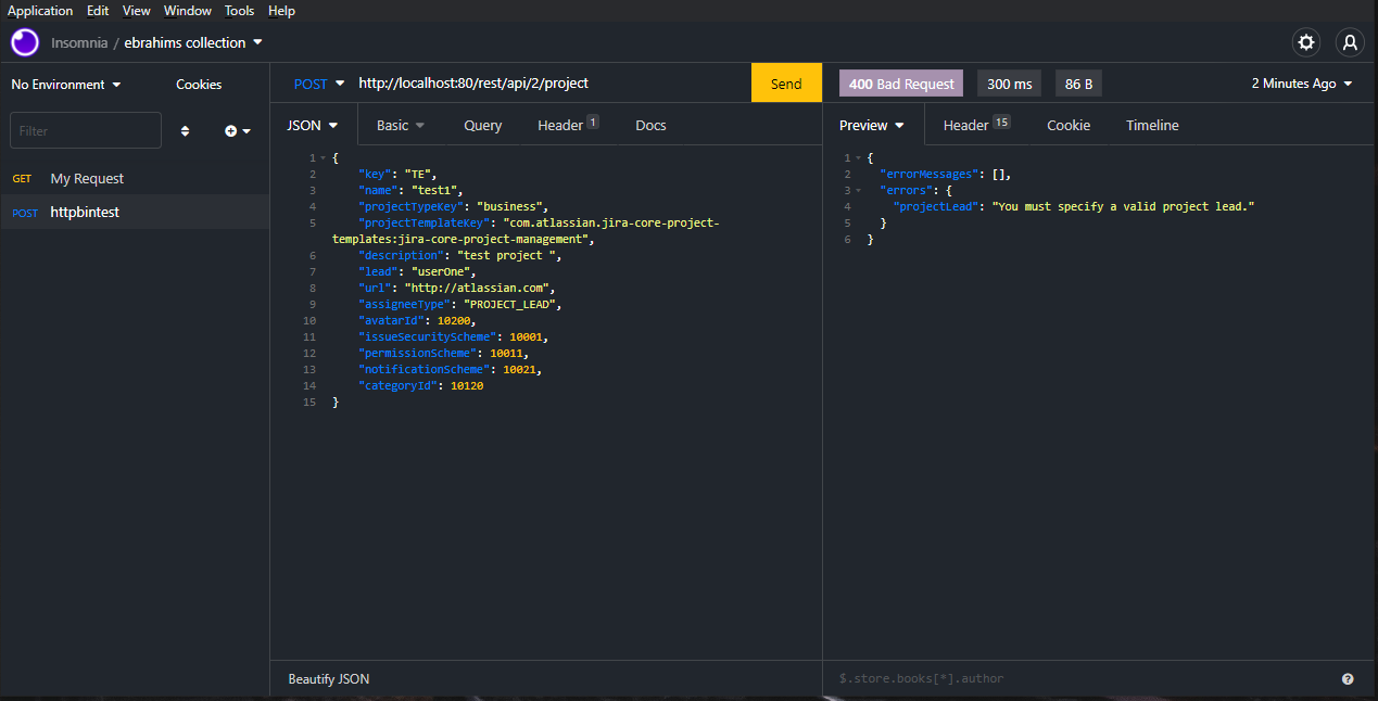 使用 JIRA REST API 制作專案。得到一個錯誤作為回應。但不知道解決辦法