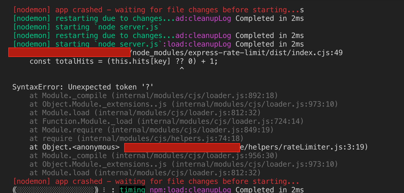 得到 SyntaxError: Unexpected token '?' 使用'express-rate-limit'時
