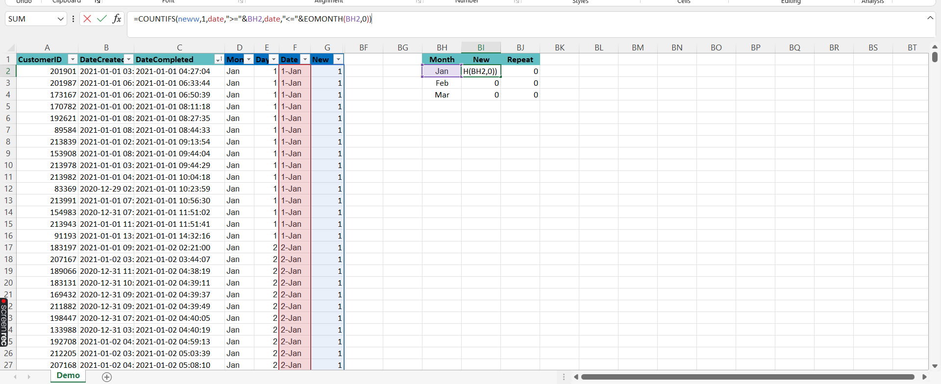 在 Excel 中計算每月新客戶和回頭客