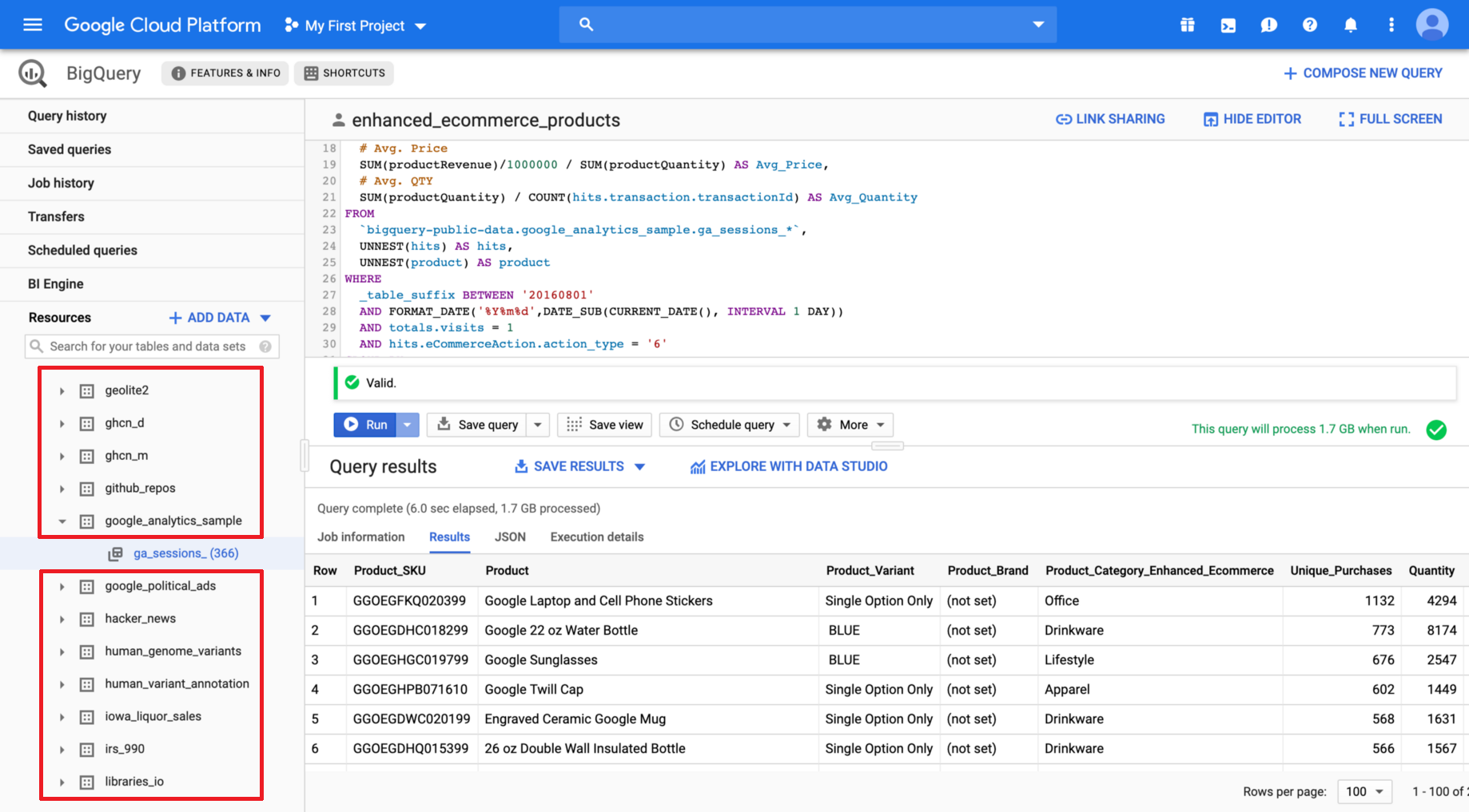 BigQuery 中包含表的物件的名稱