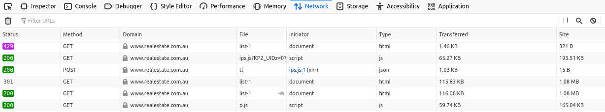 Selenium 獲得 429 的回應代碼,但 Firefox 私有模式沒有