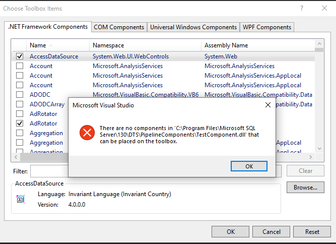 Visual Studio 2019 - 無法將自定義管道物件添加到工具箱 SSIS