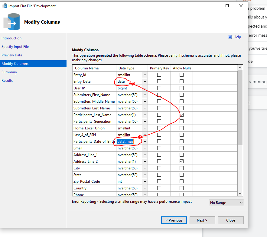 使用匯入向導將資料從 csv 檔案匯入 SQL Server 時獲取 (datetime2) 或 (date) 資料型別