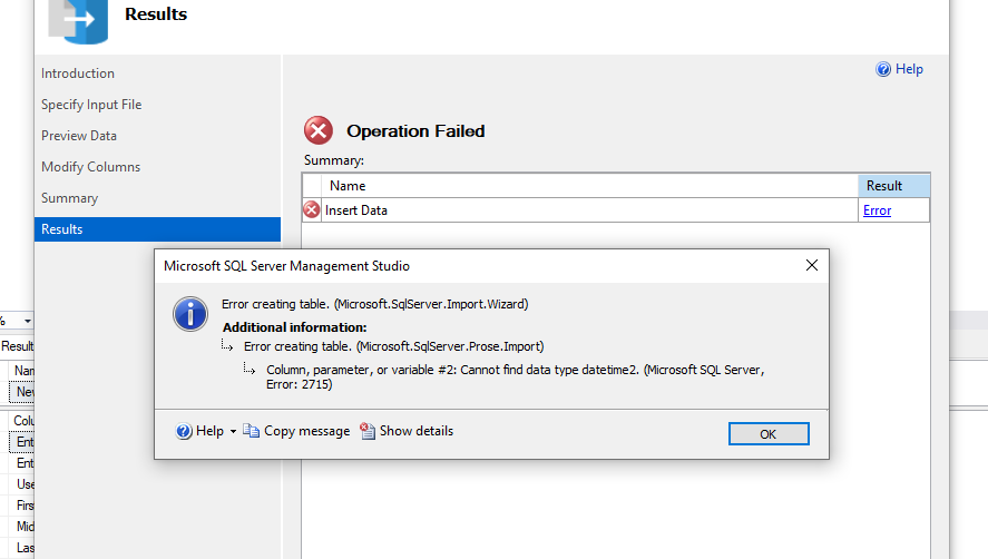 使用匯入向導將資料從 csv 檔案匯入 SQL Server 時獲取 (datetime2) 或 (date) 資料型別