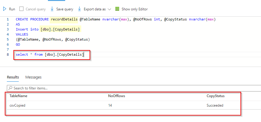 復制成功或失敗時如何在 Azure SQL 中從 Azure 資料工廠創建新表
