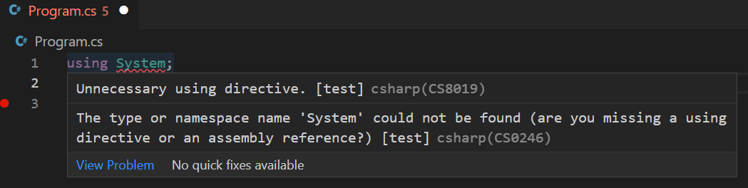 帶有 vscode 的新 C# 專案,我有智能感知錯誤