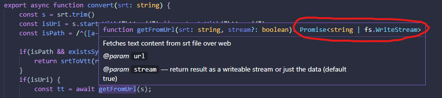 回傳聯合型別 Promise<string | fs.WriteStream> 不作業