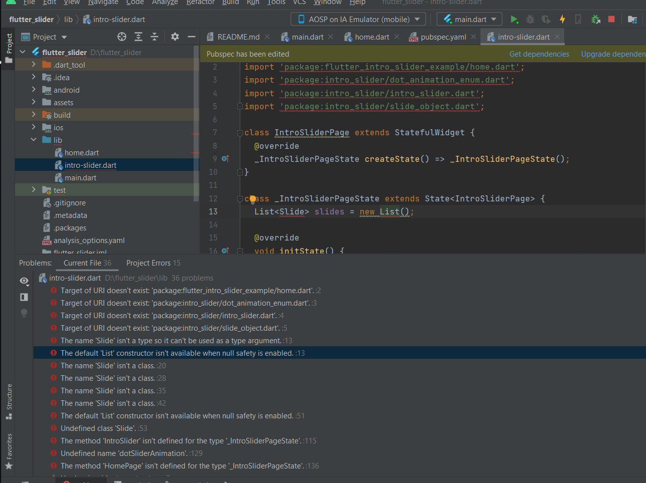 URI 的目標不存在: 'package:flutter_intro_slider_example/home.dart' ,名稱 'Slide' 不是一個類