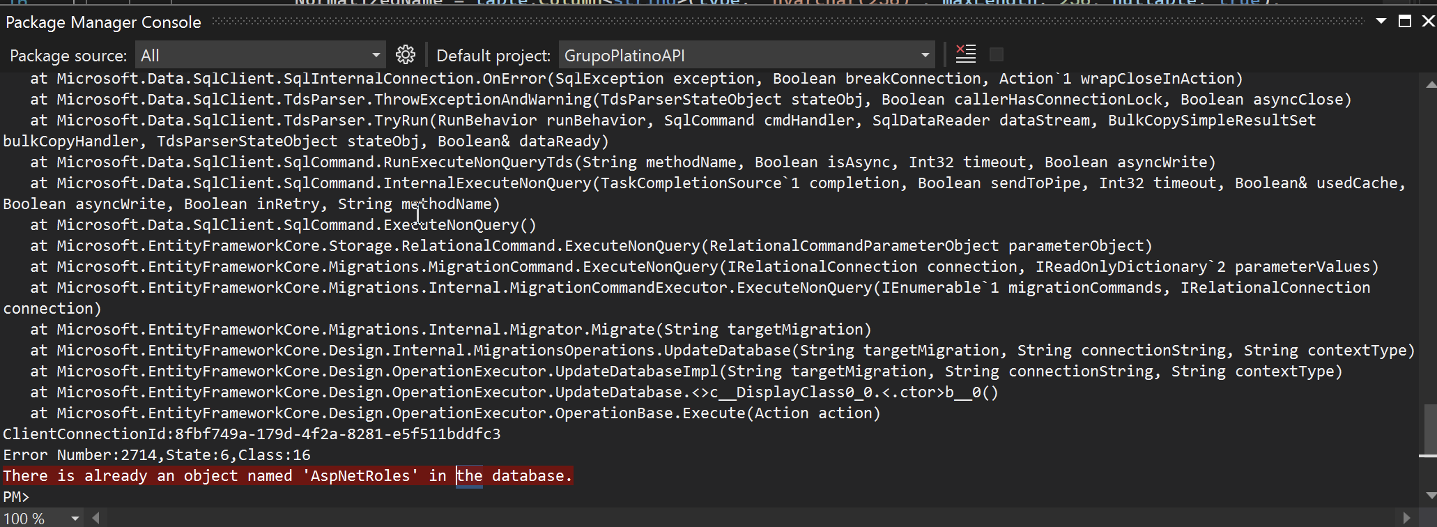 資料庫中已經有一個名為“AspNetRoles”的物件。在 asp.net 核心 3.1