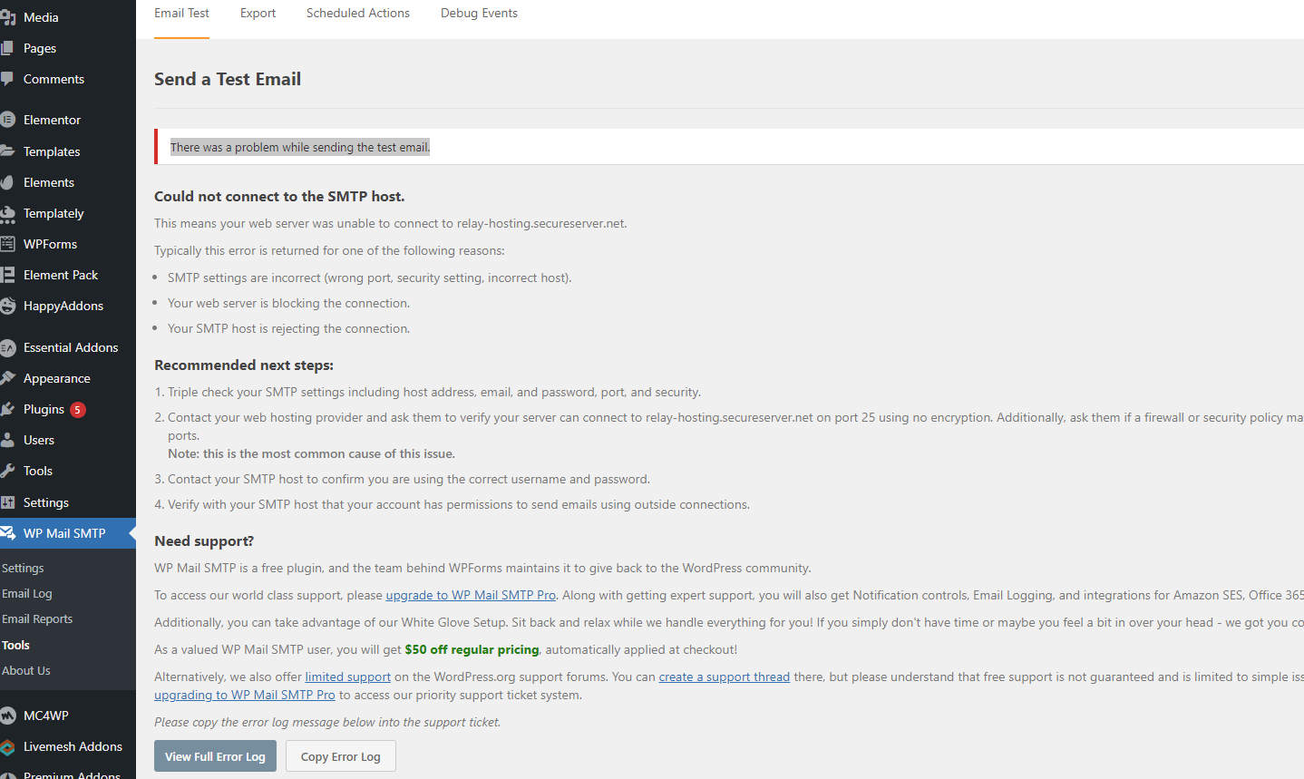帶有 aws lightail 的 GoDaddy wordpress 郵件 smtp - 錯誤無法連接到服務器