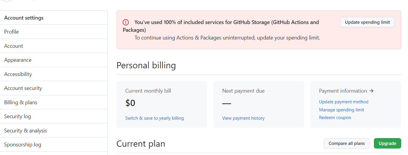[GitHub Actions]：創建工件容器失敗：工件存盤配額已達到。無法上傳任何新工件