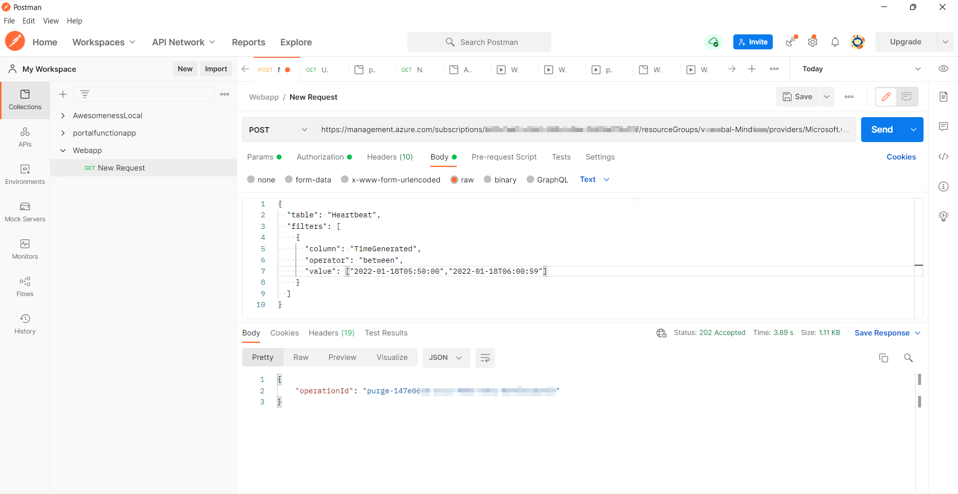 如何通過 API 使用“between”運算子清除 Log Analytics 作業區中的資料?