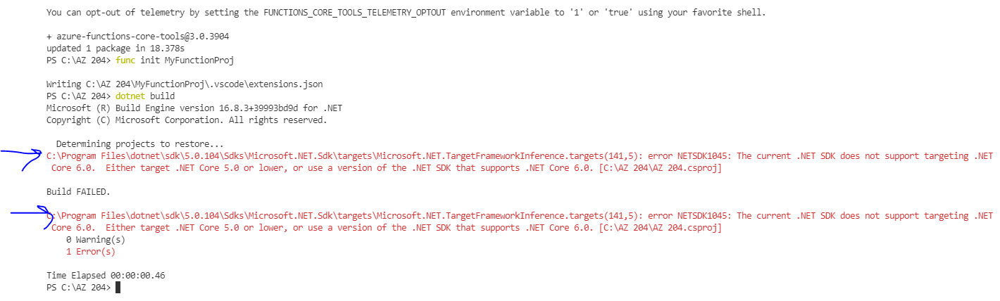 在 Visual Studio Code 上運行 .NET Core Azure 函式時出現問題。未定義或匯入預定義型別“System.Object”
